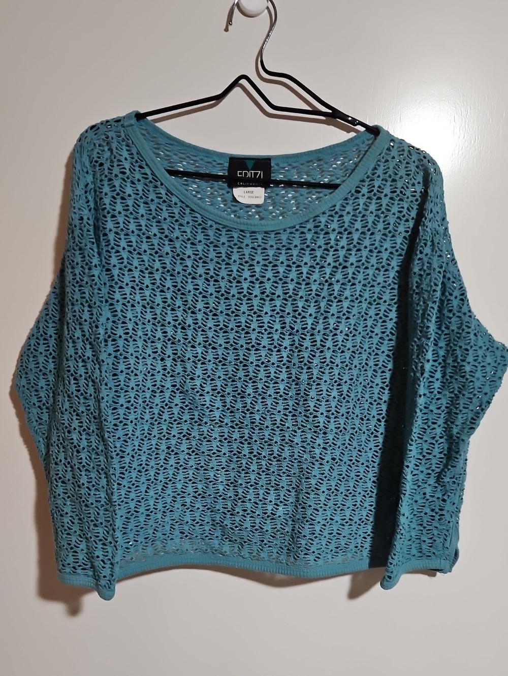 Vintage 80s 90s Fritzi of California Cotton Open Knit Cropped Sweater Blue L EUC